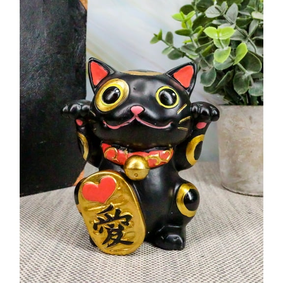 Black Maneki Neko Cat Collector Figurine Japanese Lucky Cat Charm Mao Mao Kitten