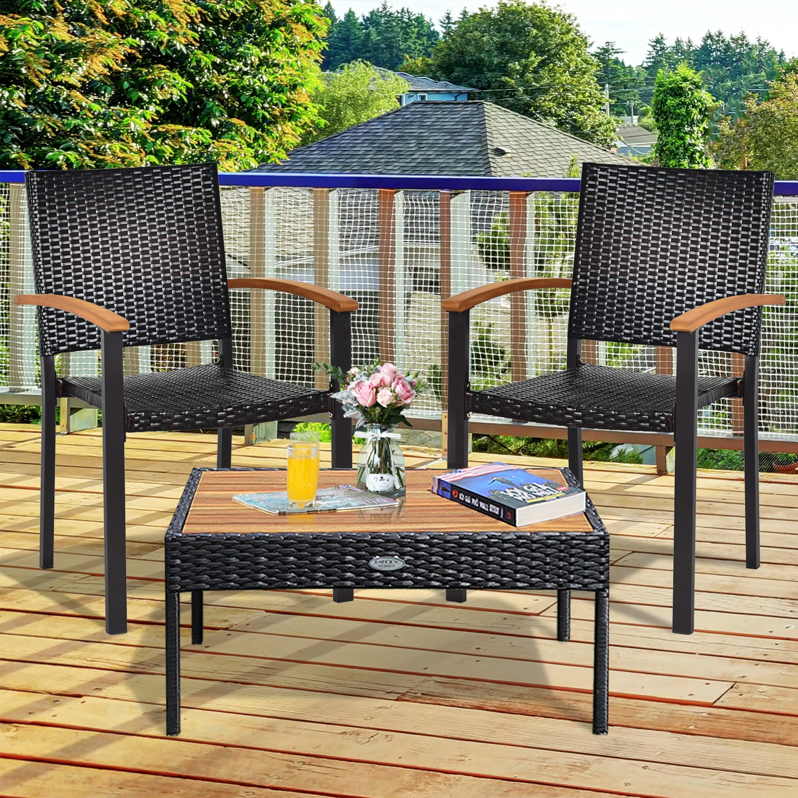 Patiojoy Patio Rattan Dining Armchair 4 Set of Wicker Chair W/Steel Frame Acacia Armrests Indoor&Outdoor