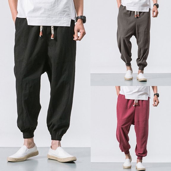 Migroa Men Linen Drop Crotch Wide Leg Baggy Harem Pants Summer Elastic Waist Jogger Yoga Trousers Chino Joggers for Men Twill Stretch Casual Pants with Pockets Black L