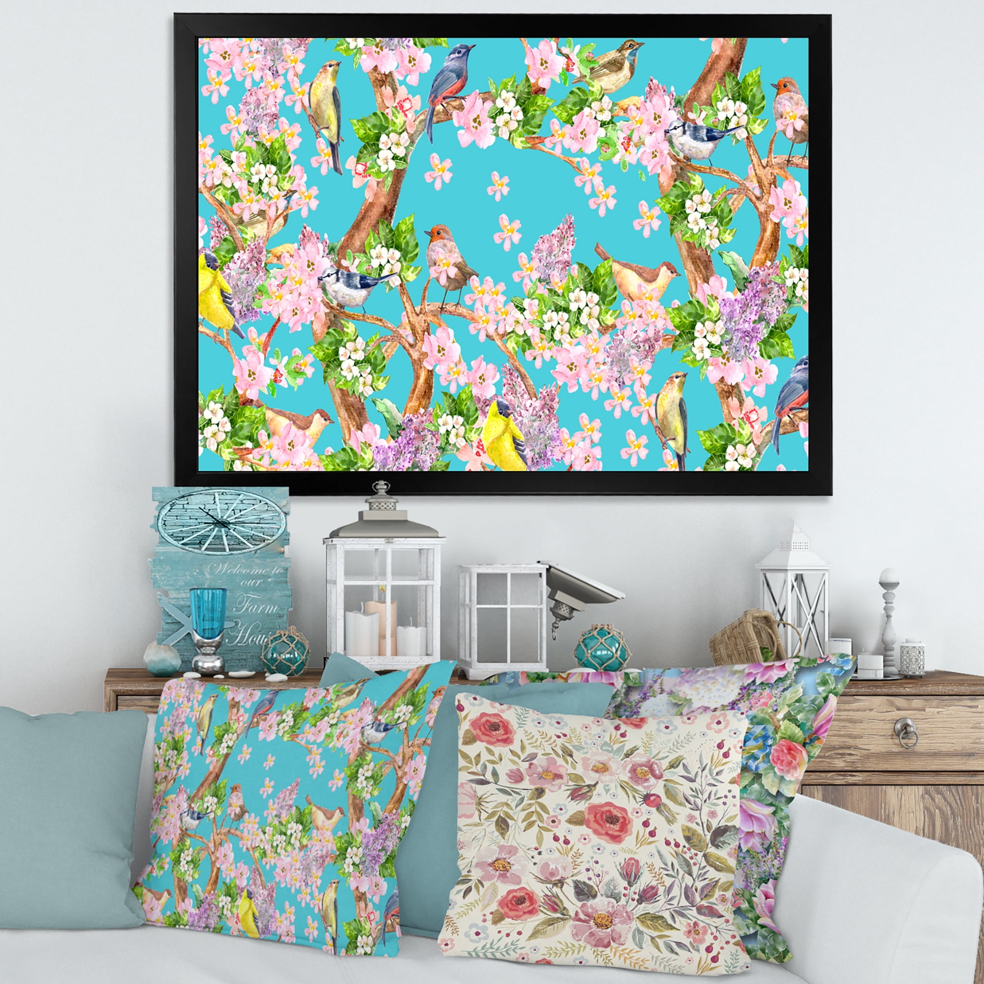 Little Birds Sitting On Spring Flow Tree 40 in x 30 in Framed Painting Canvas Art Print, by Designart