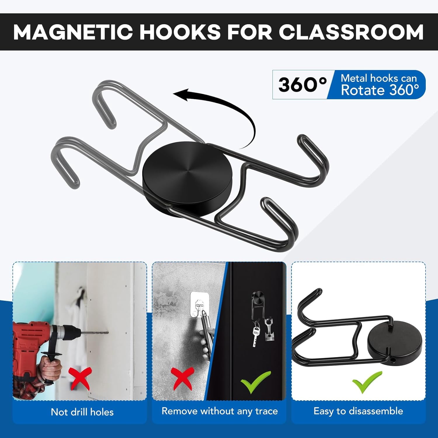 JJEAN-Magnetic Hooks, 80lbs+ 2026 Cruise Cabin Ship Essentials Magnet Hook Heavy Duty Strong Magnets Refrigerator Fridge Hanging for Classroom Beach Vacation Kitchen Home Must Haves 5 Pcs (Black)