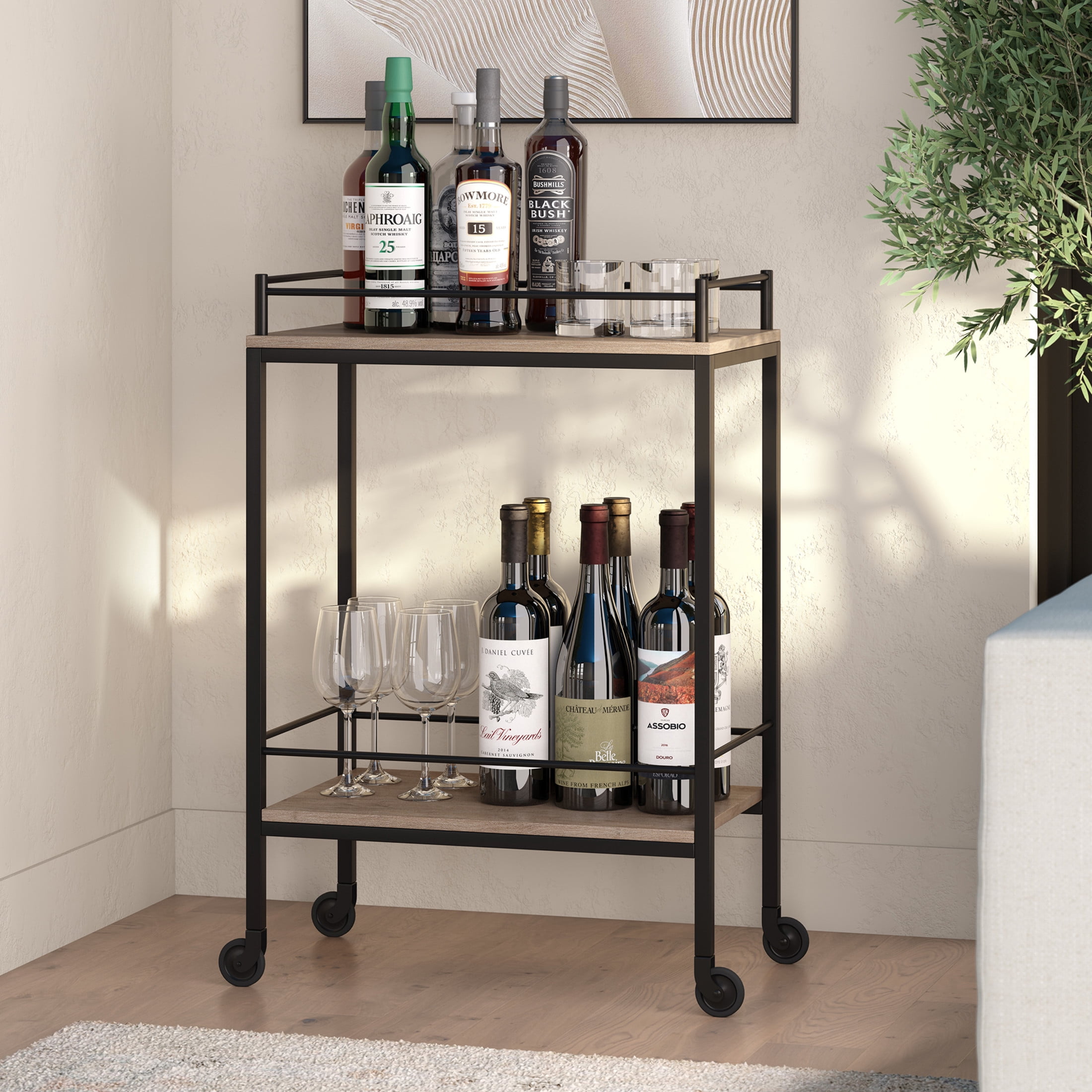 Evelyn&Zoe Barnes 23.5" Wide Rectangular Bar Cart, Antiqued Gray Oak