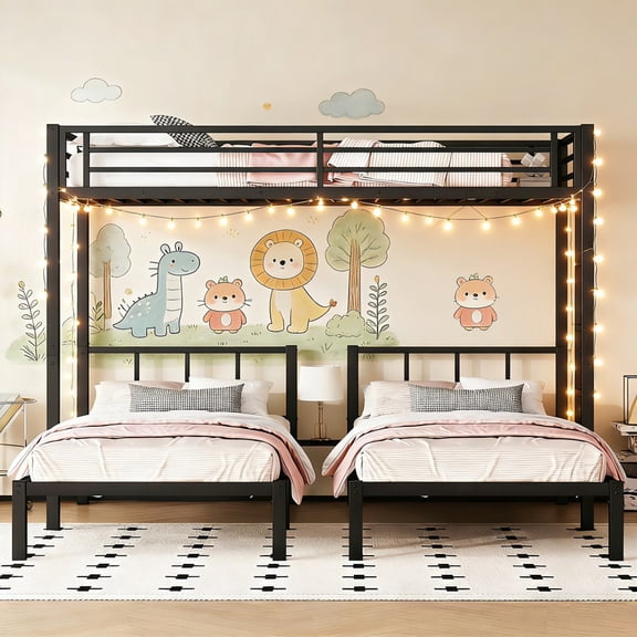 Triple Bunk Bed for 3, Twin Over Twin&Twin Metal Bunk Bed Frame Built-in Table, 3 Bunk Beds Can be Divided into 3 Separate Beds for Bedroom,Black
