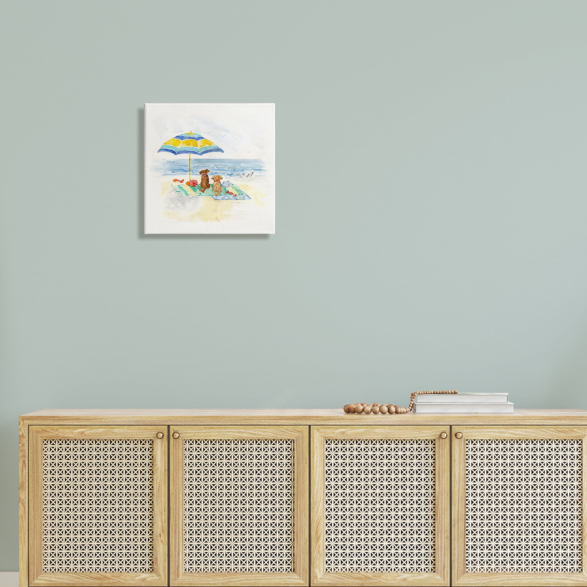 Stupell Industries Cute Playful Dogs Relaxing Beach Umbrella Shoreline Painting Coastal Painting Gallery-Wrapped Canvas Print Wall Art, 17 x 17, Design by Sally Swatland