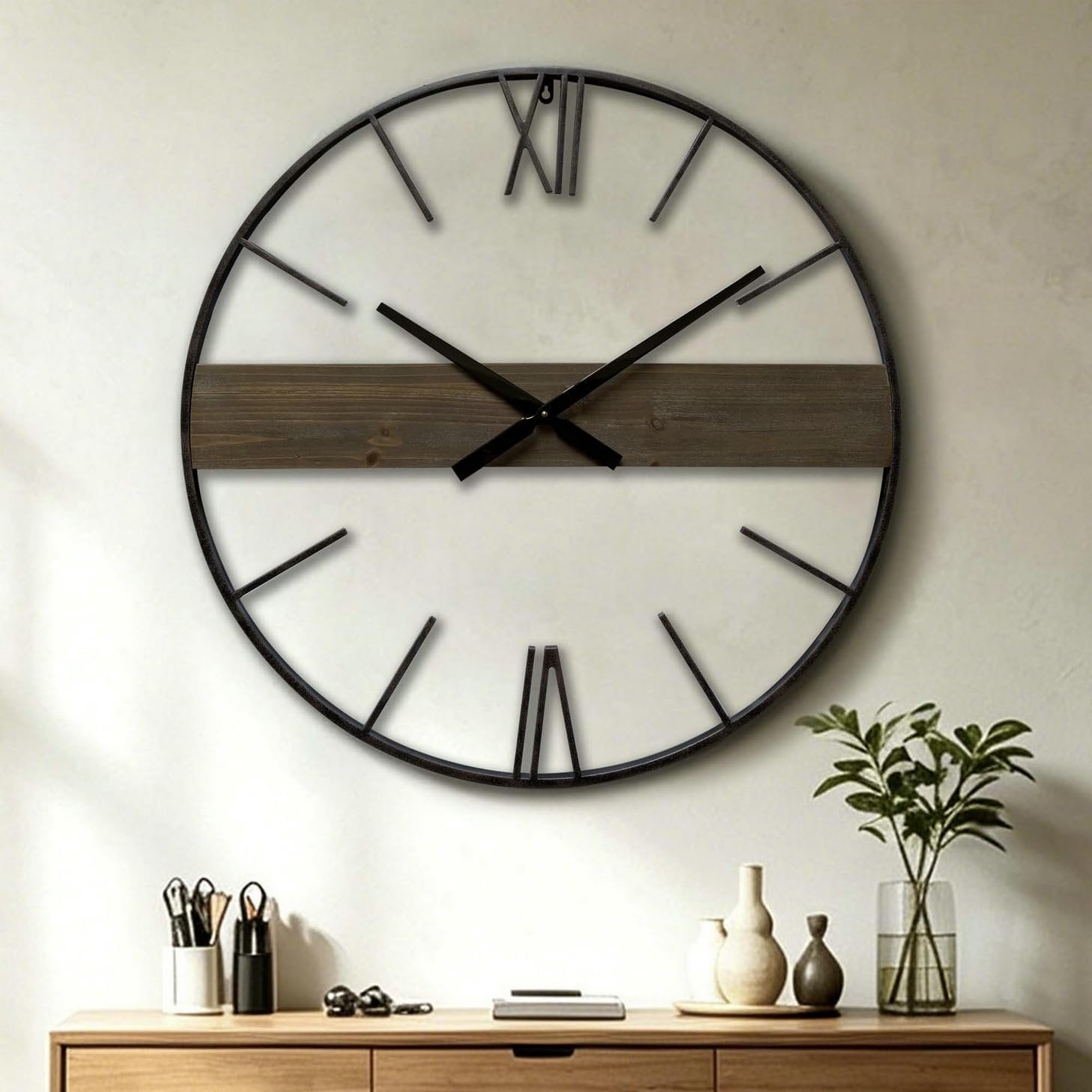 30 Inch Large Modern Wall Clock Rustic Metal Frame Silent Non-Ticking Operated Decorative Clocks for Living Room Kitchen Bedroom Office ( Brown)