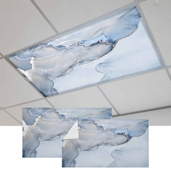 Marble Blue Fluorescent Light Covers, Modern Abstract Ink Painting Luxury Magnetic Light Covers for Ceiling Lights, Fluorescent Ceiling Shade Filters for Classroom Bedroom Office 4x2Ft x 2PCS