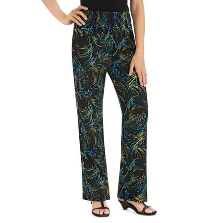Slimming Jersey Knit Pant Women's Printed Bootcut Knit Jersey Pants, Casual Wear, Black with Fun Design, Large, Black Multi - Made in the USA ()