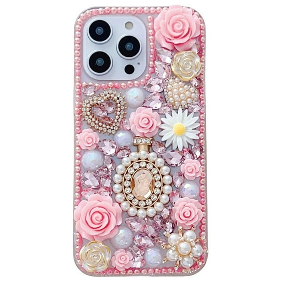 SaniMore Case for iPhone 14 Pro (6.1 inch 2022 Release), 3D Pearls & Flower Love Heart Backplane Luxury Sparkle Girly Protective Shockproof Anti-drop Silicone Clear For iPhone 14 Pro, Pink