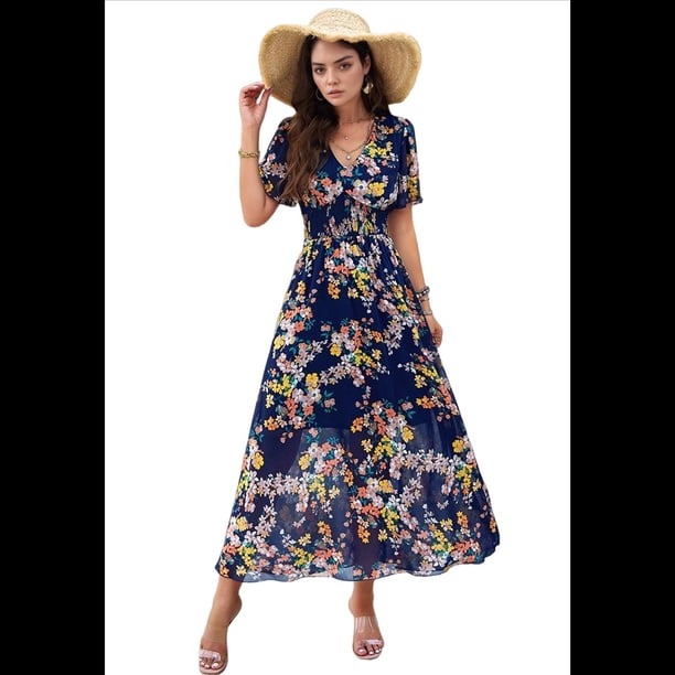 Vestido Cruzado de Verano para Mujer, con Cuello en V, Floral, Corta, para Invitadas de Boda, Informal, para Fiesta Azul Marino M