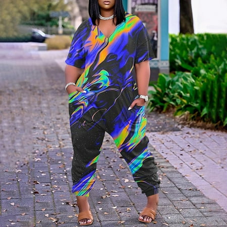 

JNGSA Women s Round-Neck Short Sleeve Romper Baggy Stretchy Casual Long Pants with Pockets Summer Printing Jumpsuit Black