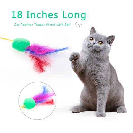 Cat Toy 18 Inch Wand - Cat Feather Teaser Wand 18 Inches Long Interactive Feather Teaser Toy with Bell for Cats Kittens