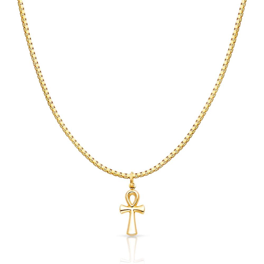 14K Solid Yellow Gold Small Cross Pendant Charm 1 MM Singapore Chain Religious 