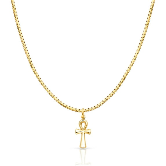 14K Yellow Solid Gold Egyptian Ankh Cross Religious Charm Pendant with 1.2mm Box Chain Necklace - 24"