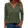 thumbnail image 2 of 3/4 Length Sleeve Womens Tops Spring Summer V Neck Plain Casual Blouse Office Work Shirts Solid Basic Tee Tops, 2 of 6