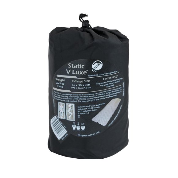 Klymit Sleeping Pad 06VLST02D Static V Luxe; Inflatable; Manual Inflation Using Breath; V-Chamber Design; Stone Gray; 75D Polyester Fabric; 27.2 Ounce Weight; R-Value 1.5/ASTM 1.3; Without Insulation