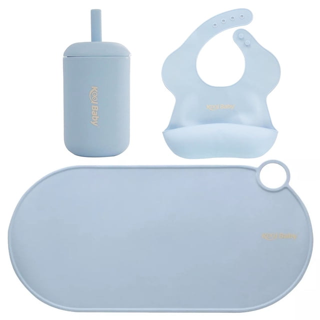 Set de Alimentación Kool Baby Silicón Mantel Babero y Vaso con Popote Azul