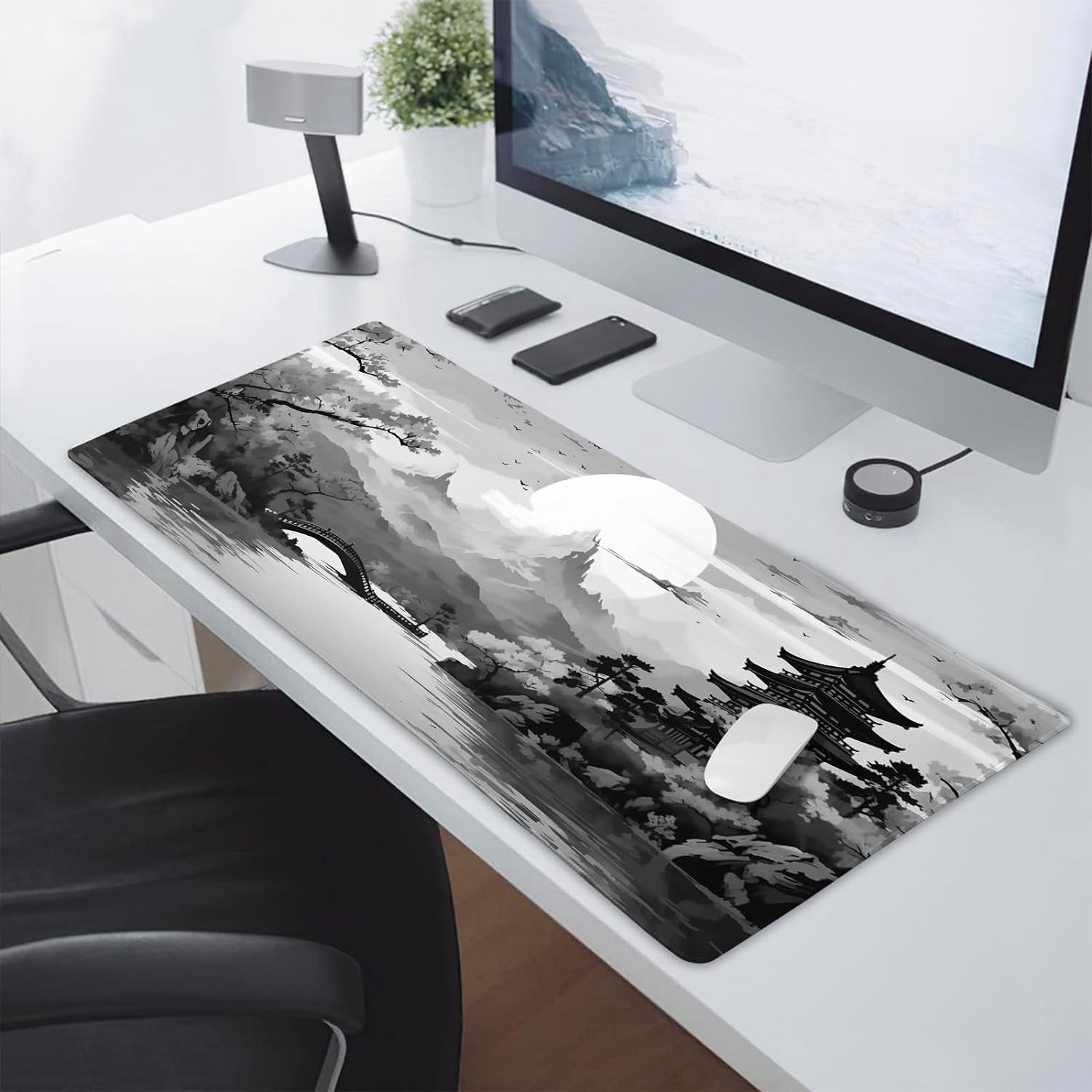 Black Gray Japanese Sakura Gaming Mouse Pad XL Grey White Cherry Blossom Tower Mountain Aesthetic Extended Large Desk Mat Mousepad Non-Slip Rubber Base Stitched Edge Desk Pad for Desktop,31.5×11.8