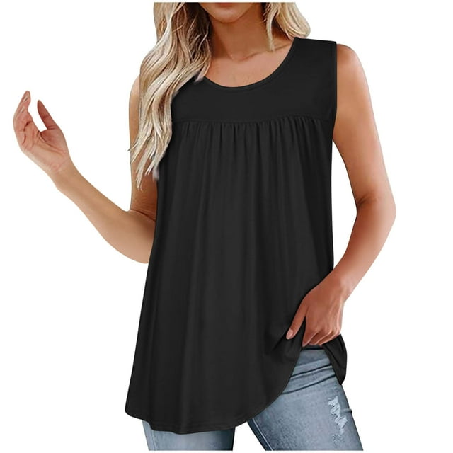 Hauts d'Été pour Femmes T-Shirts Ndbuld d'Été pour Femmes Couleur Unie Col Rond Plissé Liquidation Moins de 10, Noir, S