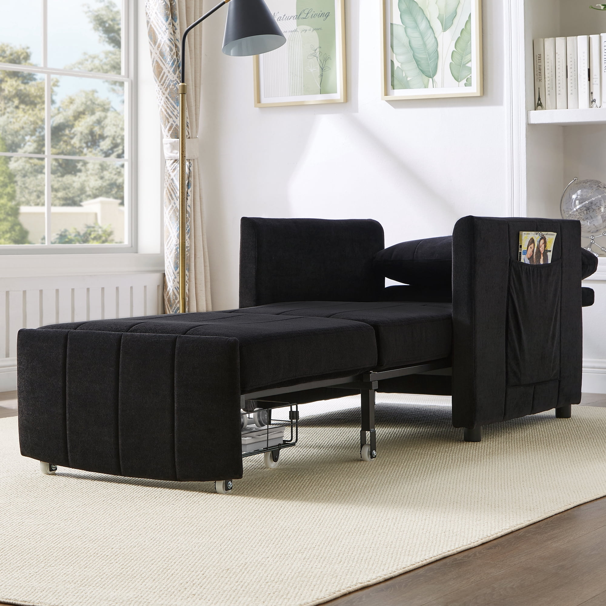 Convertible Sleeper Chair Bed, 31.5" Upholstered Pull Out Sofa Bed with 5-Position Adjustable Backrest, Fold Out Chair Bed for Living Room, Apartment, Black