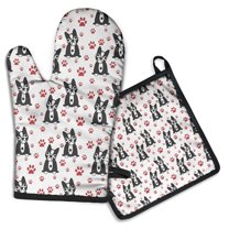 Boston Terrier Puppy Dog Kitchen Oven Mitt and Pot Holder Sets 2 Pcs for Baking, Cooking and Grilling, Heat Resistant Up To 392 °F
