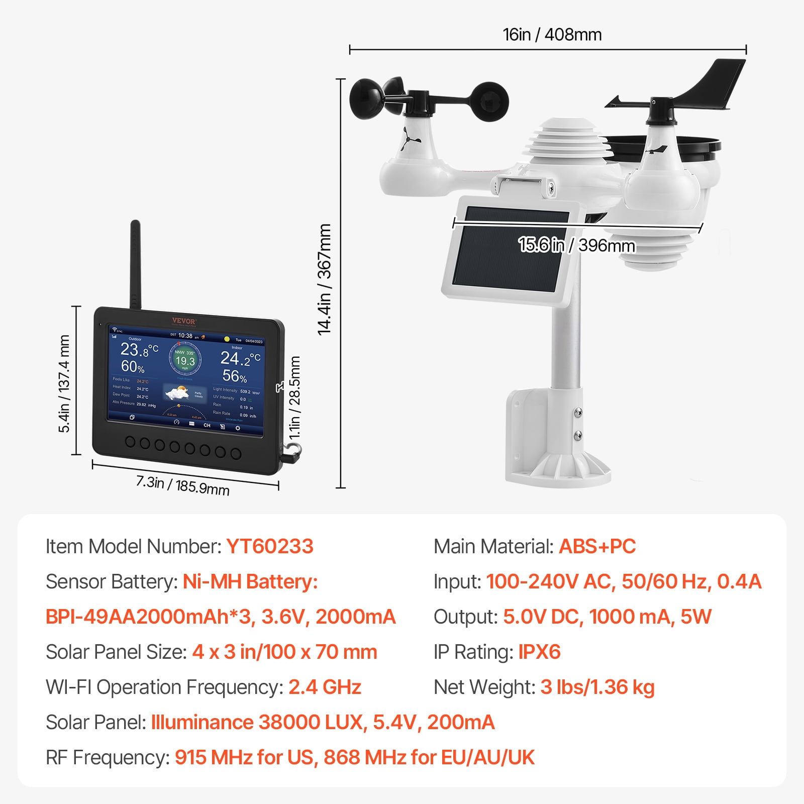 VEVOR 7-in-1 Wireless Weather Station with Wi-Fi,7" TFT Colorful Display, Solar-Powered Outdoor Sensor, Indoor & Outdoor Monitoring, Includes Temperature, Humidity, Wind Speed/Direction, and Rainfall