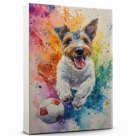 Wire Fox Terrier Dog Playing Soccer Wall Stretched Canvas Size 8x12 – Wire Fox Terrier Canvas Art for Dog Lovers, Soccer Canvas Wall Decor