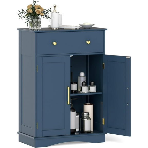 CZMJY Bathroom Floor Cabinet, Modern Freestanding Bathroom Storage Cabinet w/Large Pull-Out Drawer, 2 Doors, 3-Position Adjustable Shelf, Ideal for Living Room (Drawer & Cabinet, Navy Blue)