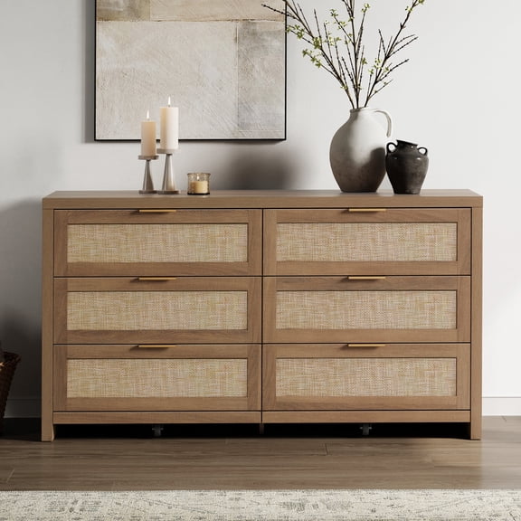SICOTAS 56.85" 6 Drawer Dresser,Rattan Dresser with Storage,Boho Dressers & Chests of Drawers Wooden Tall Dresser for Bedroom