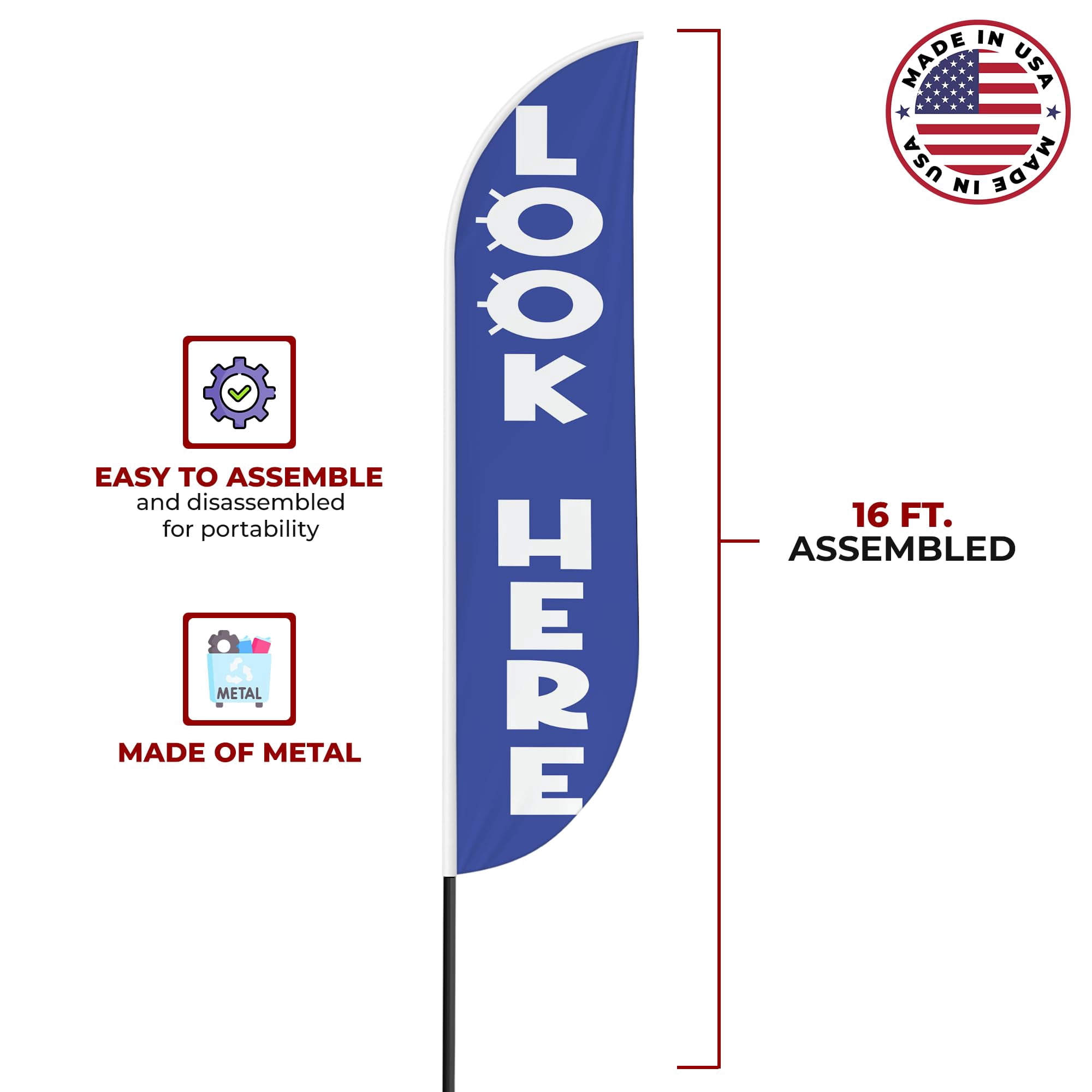Look Here Sign Feather flag Pole Mount for Outdoor by Mavis Print | 15 FEET Long Polyester Outdoor Banner Flag Pole Kit for Easy Hang | HD Print Swooper Flag Pole Stand for Business Advertising