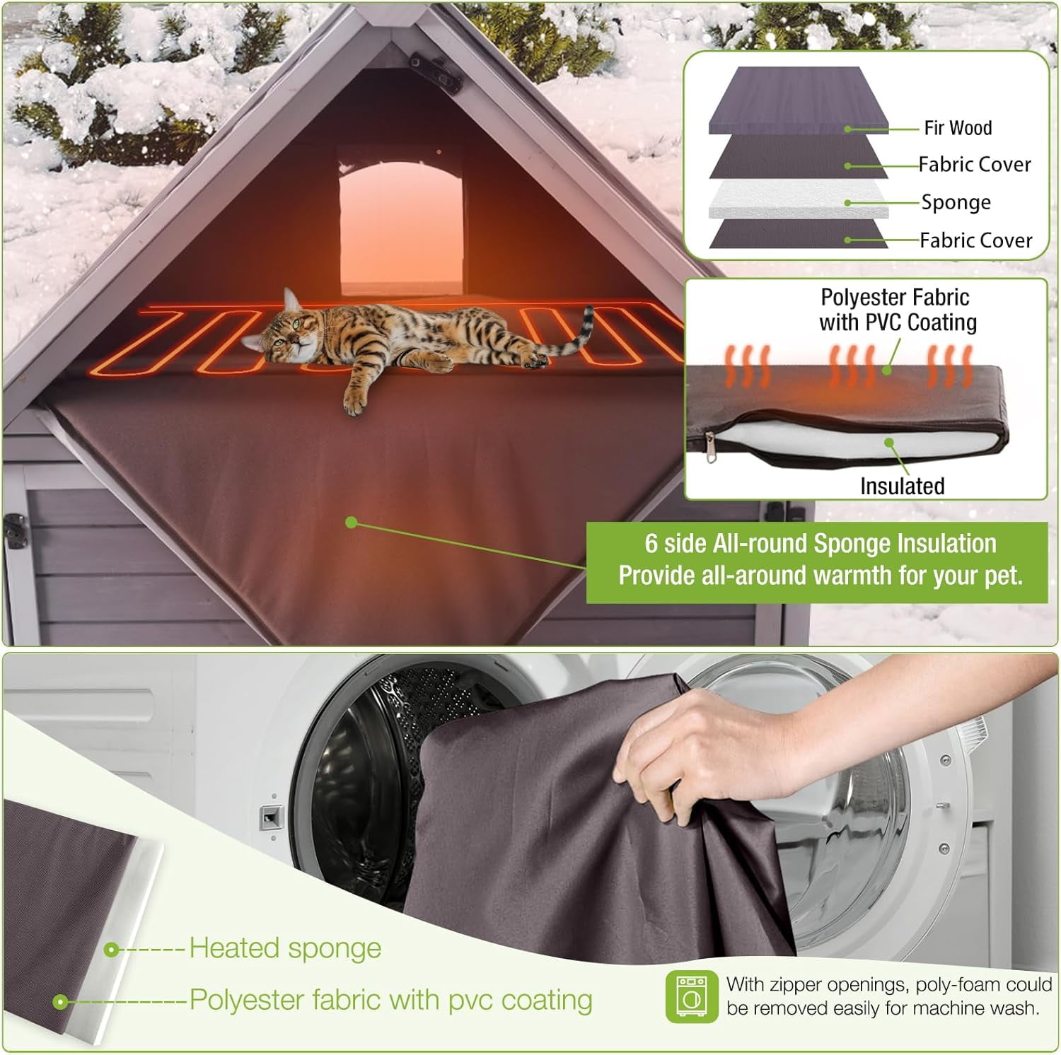 MEDEHOO Heated Cat House with Heater, Indoor/Outdoor Pet Shelter with Insulated Liner Keep Warm in Winter,Raise Legs with Large Platforms