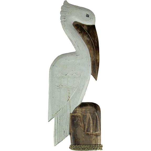 Things2Die4 White Wood Coastal Pelican Perched On Nautical Piling Wall Sculpture 24 inch