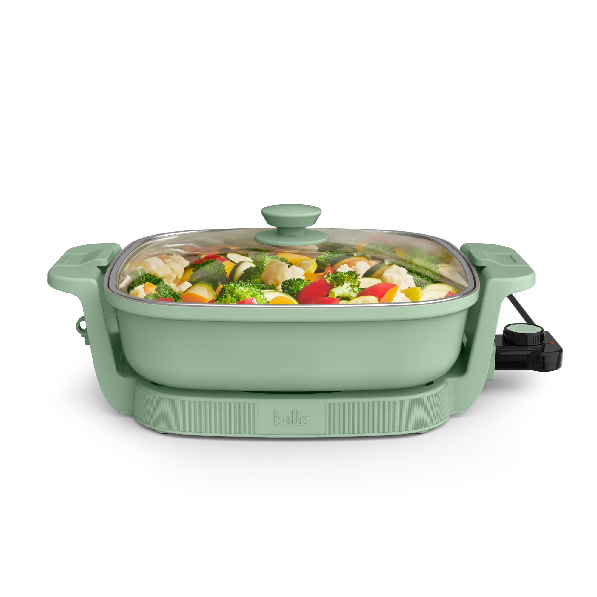 bella 12" Make & Take Electric Skillet with EverGood™ Ceramic Nonstick Coating, Adjustable Temperature, Dishwasher-Safe Glass Lid, Seaglass