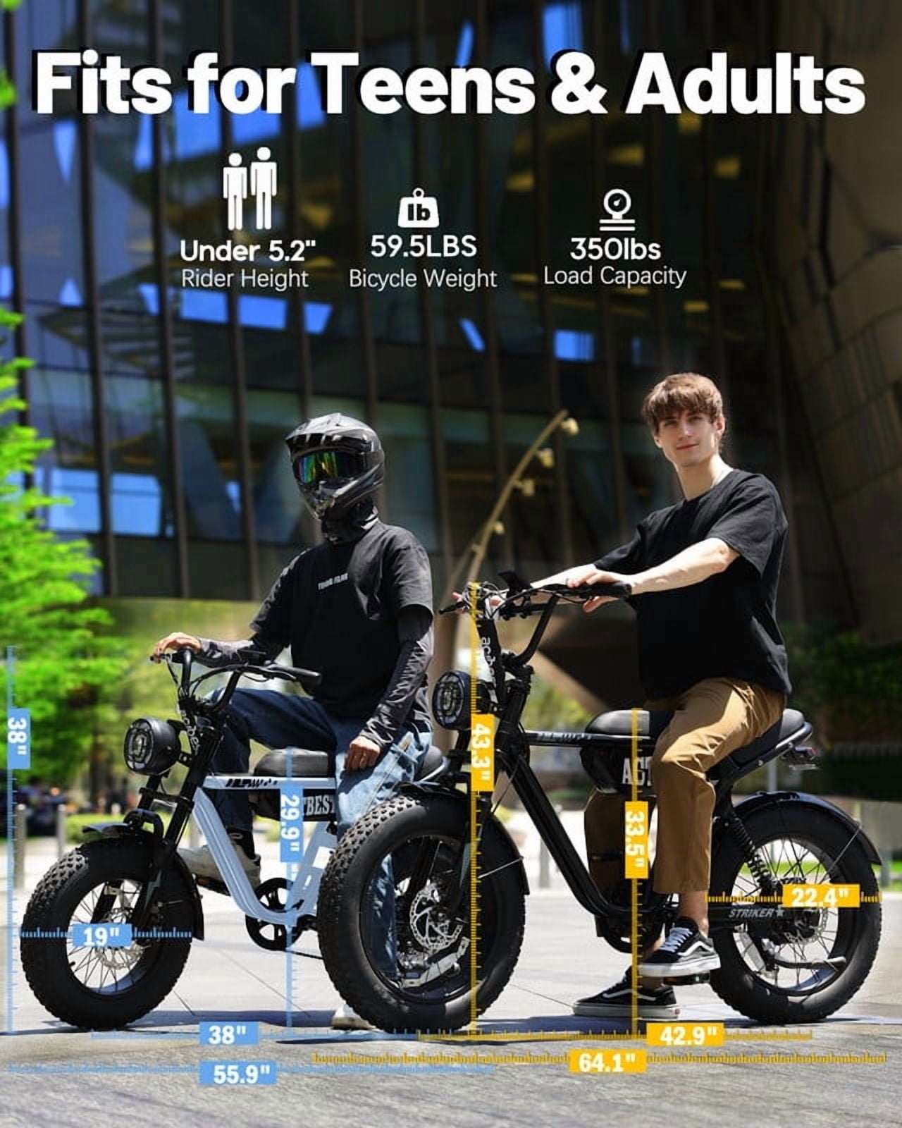 Actbest Blaze Electric Bike for Adults/Teens, 16" Fat Tire Ebike Peak 1200W 55 Miles 25Mph Full Suspension Electric Motorcycle, Blue & Brown with Lock