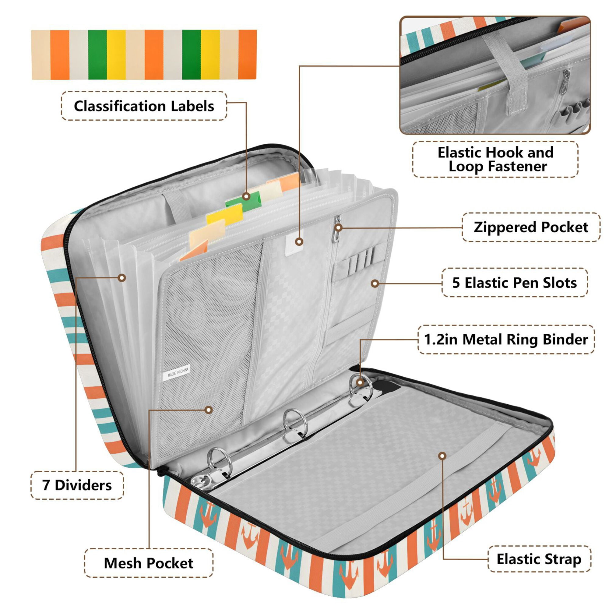 FORMRS Accordion File Folder A4 Size 7-Pocket Expanding Document Organizer Bag with 3 Ring Binder, Simple Nautical Pattern