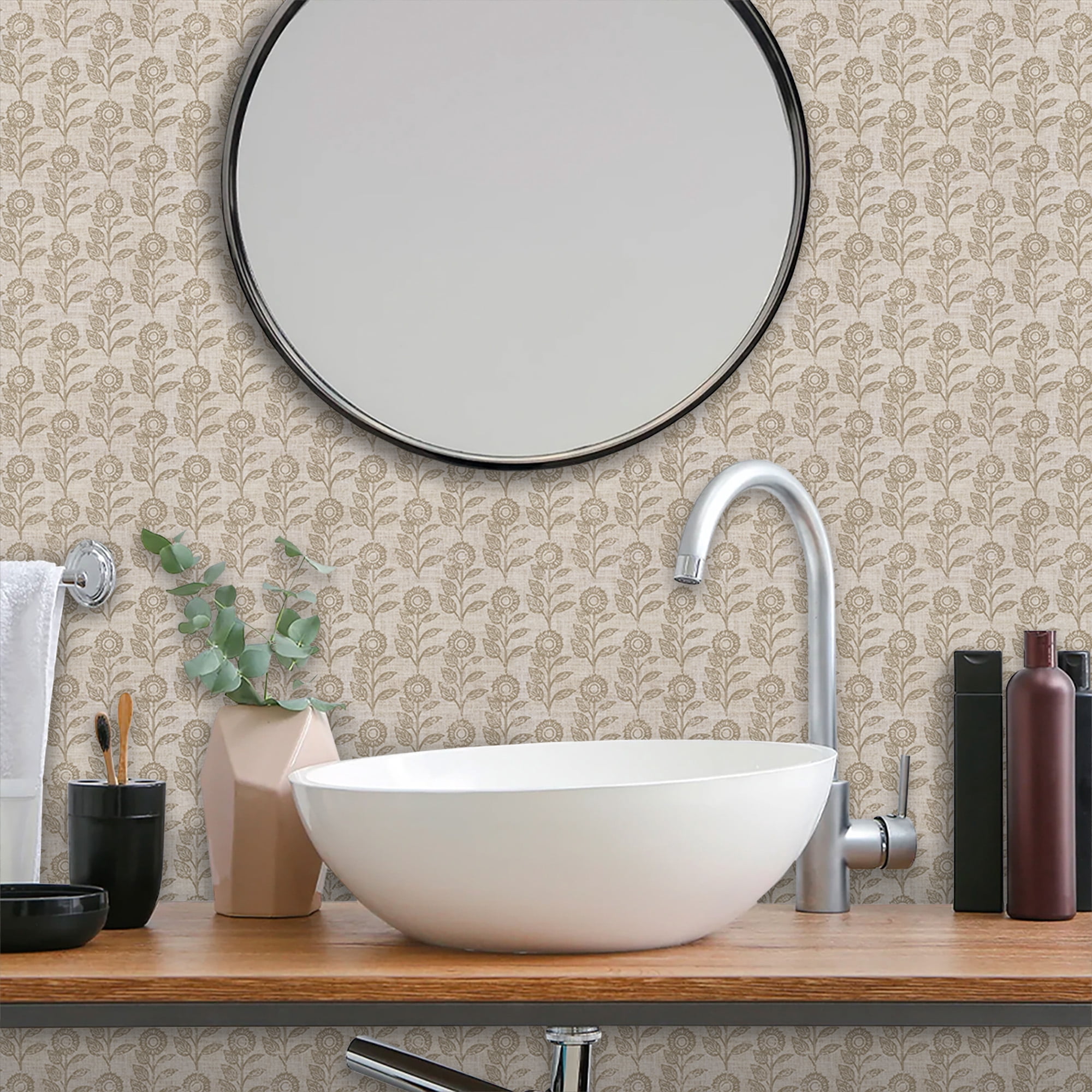 Abyssaly Wallpaper, 17.3" x 118" Linen-colored Sunflower Peel and Stick Wallpaper, Self-Adhesive Removable Contact Paper