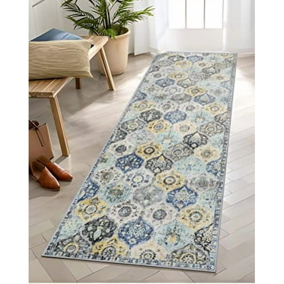 Moroccan Washable Hallway Runner Rug, 2'5''x8' Ultra-Thin Carpet Runners for Hallways Kitchen, Oriental Vintage Non-Slip Laundry Room Rug for Entryway Bedroom Bathroom, Yellow/Aqua