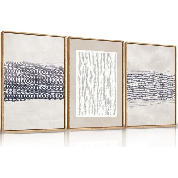 Blue White Abstract Neutral Framed Canvas Wall Art Set,Minimalist Boho Lines Wall Decor,Modern Neutral Art Print,Mid Century Blue Artwork for Living Room,Bedroom,Office- 16"x24"x3