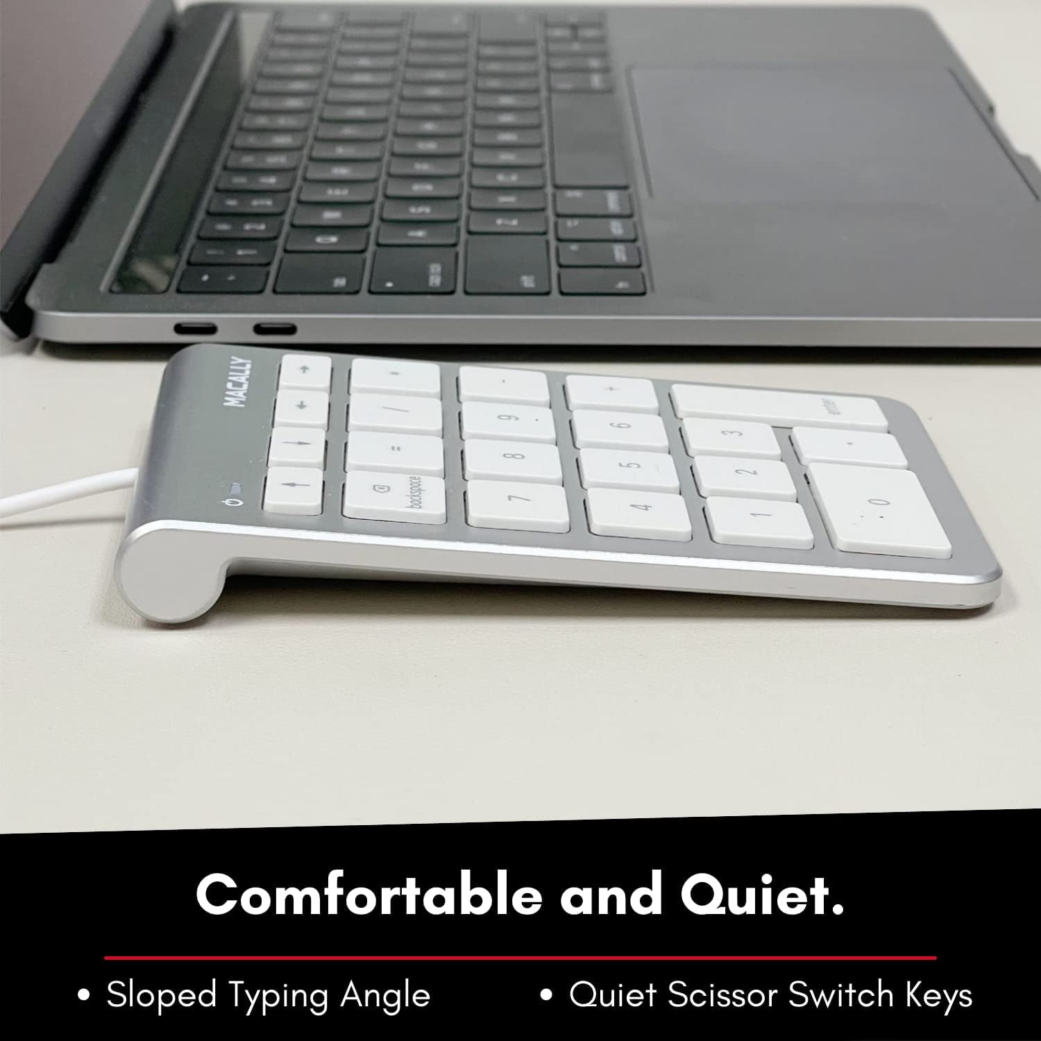 Macally Portable Thin Wired USB-C Number Pad Keyboard - Numeric Keypad for Laptops, Mac, Windows PCs - Silver