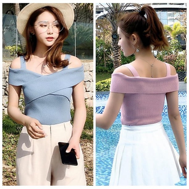 Women's Off Shoulder Crisscross Front Wide Shoulder Straps Short