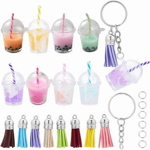 44Pcs DIY 8 Sets Milk Tea Charms Keychain Making Kit Tea Keychain Bulk Milktea Summer Hawaii Ice Cream Charms for Jewelry Making Kits Key Chains Supplies