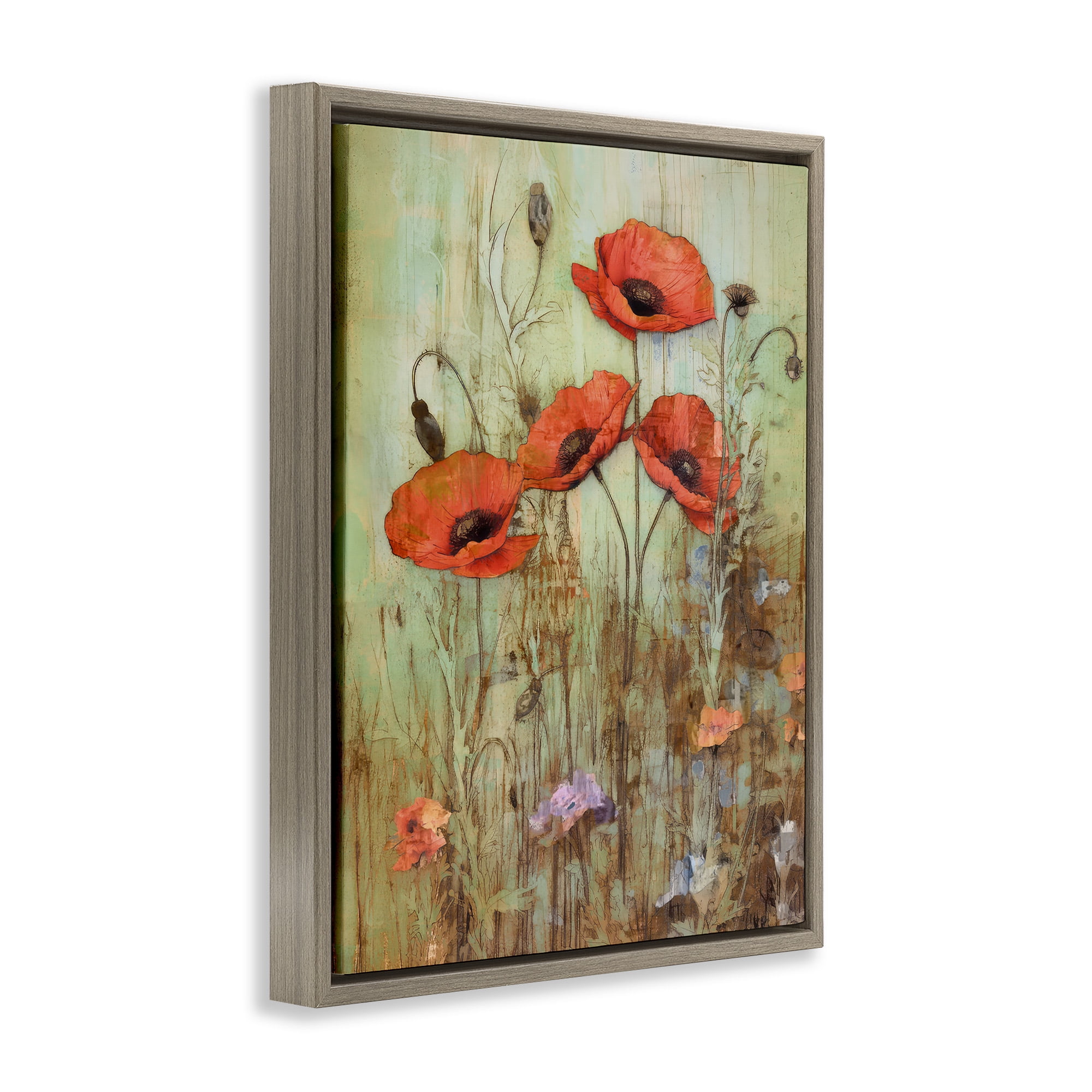 Stupell Industries Rustic Red Poppies Botanical & Floral Painting Brown Floater Framed Canvas Art Print Wall Art, 25 x 31