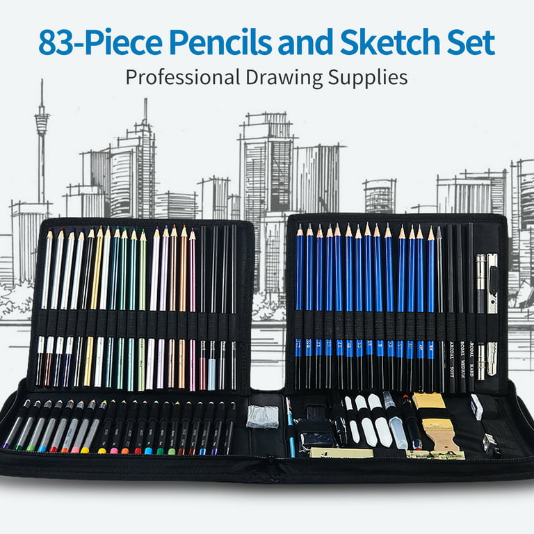 Vistreck 83-Piece Professional Drawing Pencils and Sketch Art Supplies  Includes Colored Pencil Sketch Charcoal Pastel Pencil Sharpener Eraser  Sketch Paper Portable Zippered Storage Bag Art Set Gift f 