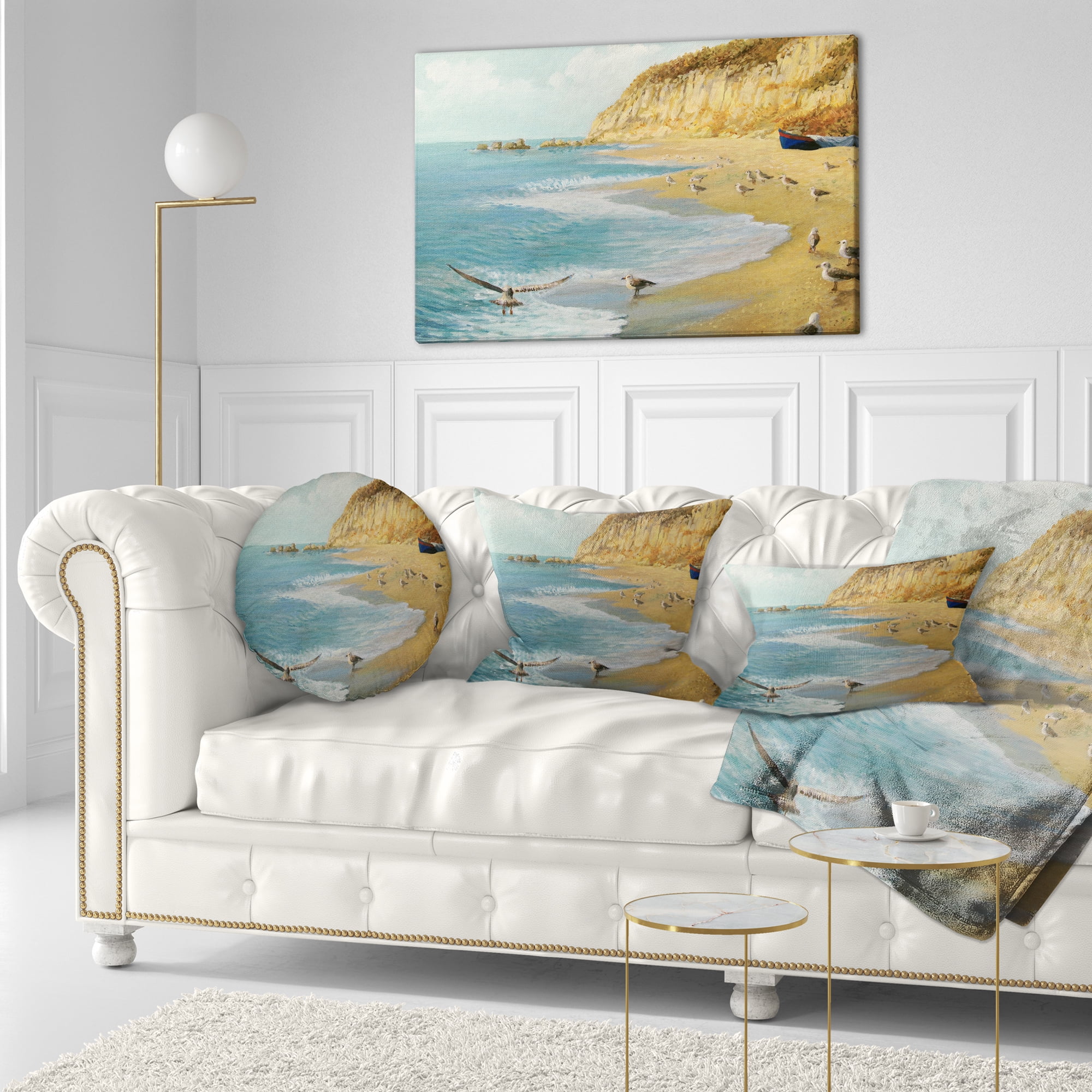 Designart The Calm Beach - Landscape Painting Throw Pillow - 12x20