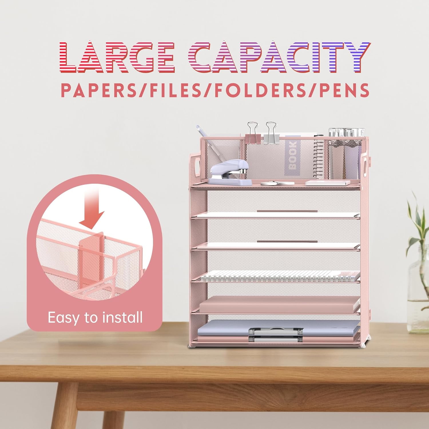 INTIGE 6-Tier Desk Organizer, Metal Desktop Paper Tray with 3 Pen Holders, Desktop Organizer for Home Office