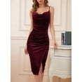 thumbnail image 2 of Women'S Velvet Dress Cowl Neck Backless Ruched Bodycon Club Midi Dresses Wine Red XXL, 2 of 6