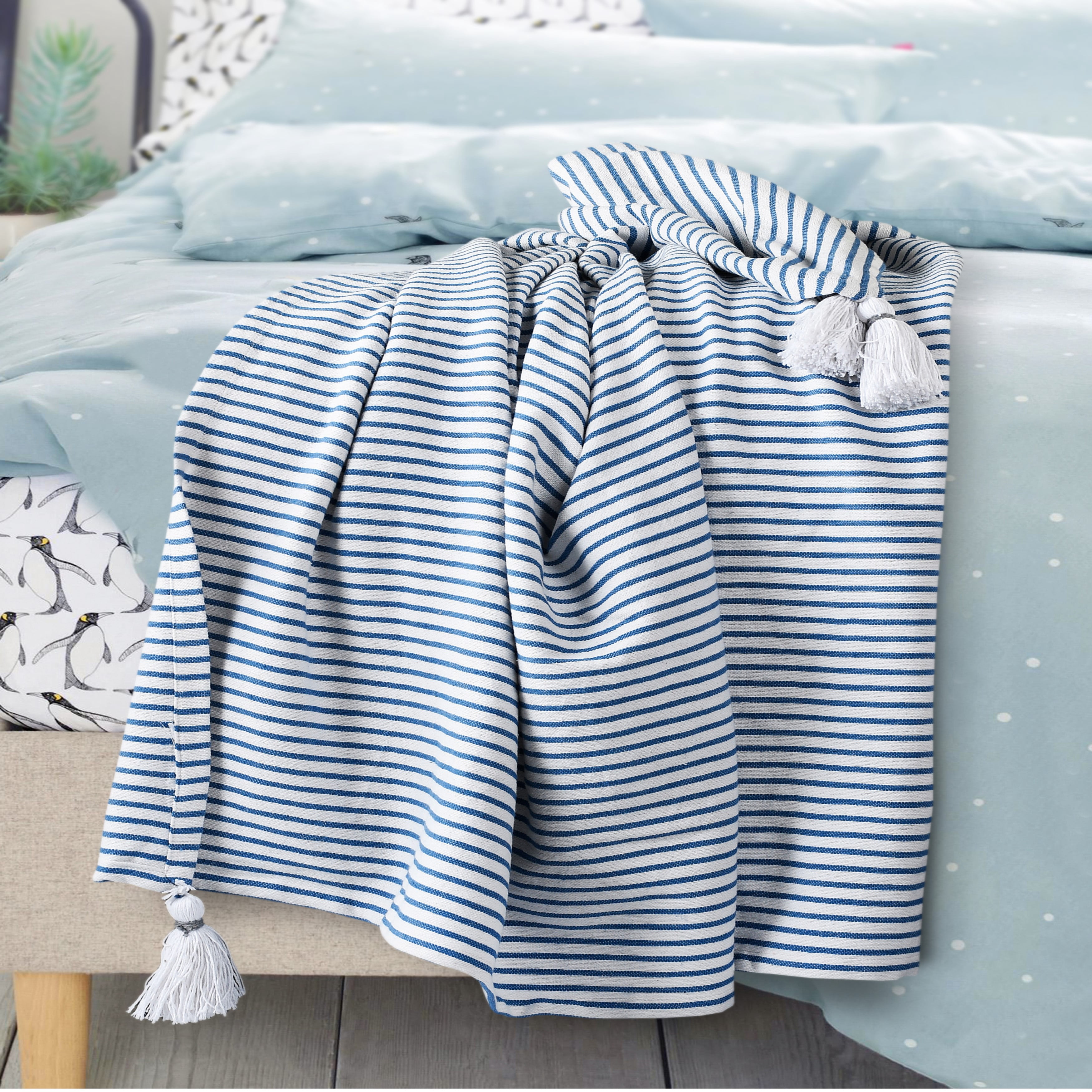 Ox Bay Hampton 50" x 60" Blue/White Striped Cotton Adult Decorative Throw Blanket
