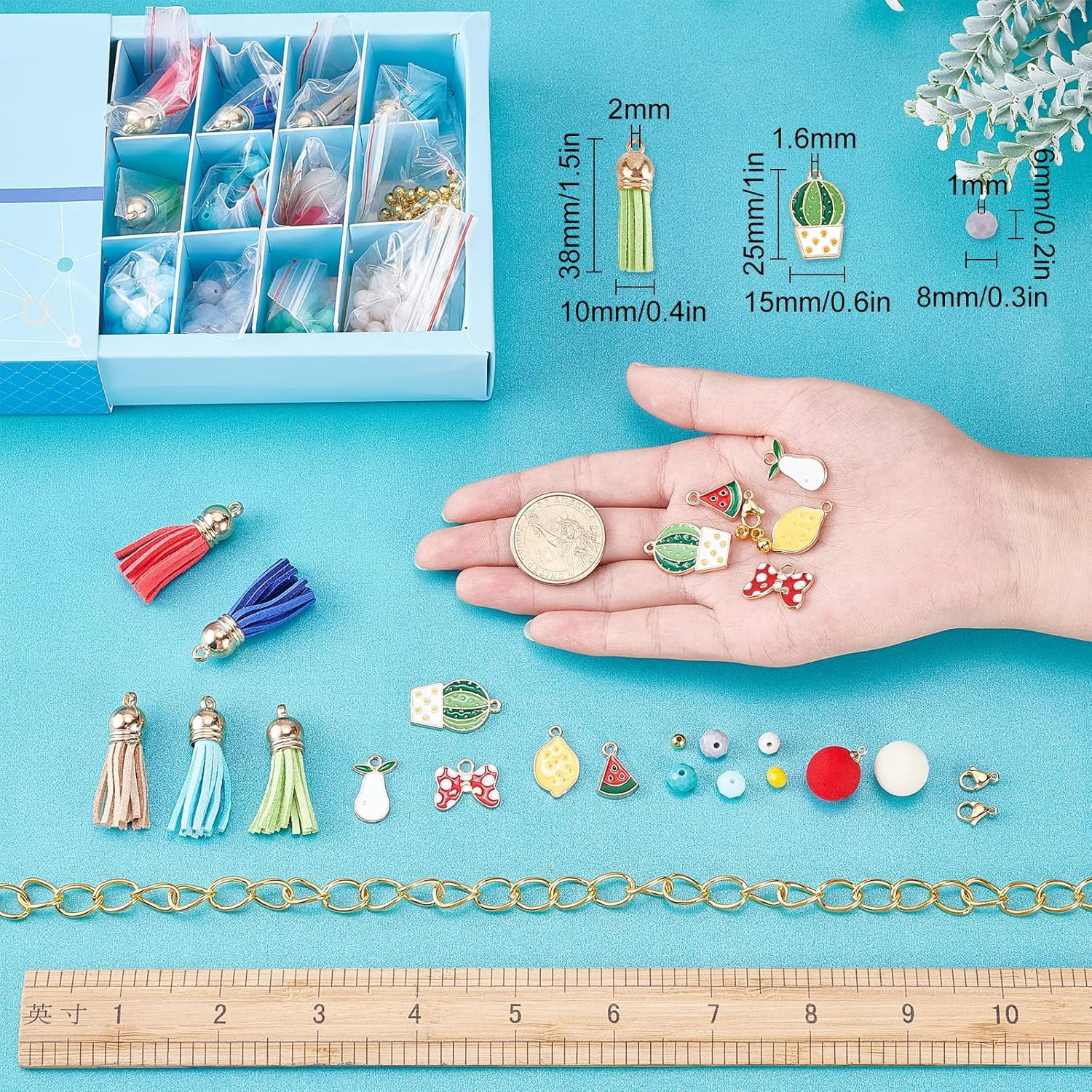 1 Box Enamel Fruit Charms Faceted Glass Beads Bulk Cable Chain Beading Bracelet Making Kit Rondelle Glass Bead Suede Tassels for Jewelry Making Elastic Thread Necklace Supplies Beginners Multi-color