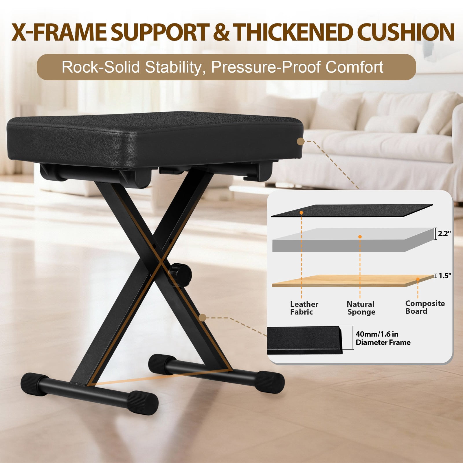 Adjustable Piano Bench, Waterproof Synthetic Leather Padded Stool, X-Style Piano Stool with Thicken Soft Cushion, Keyboard Bench for Keyboards Piano Guitar,Black