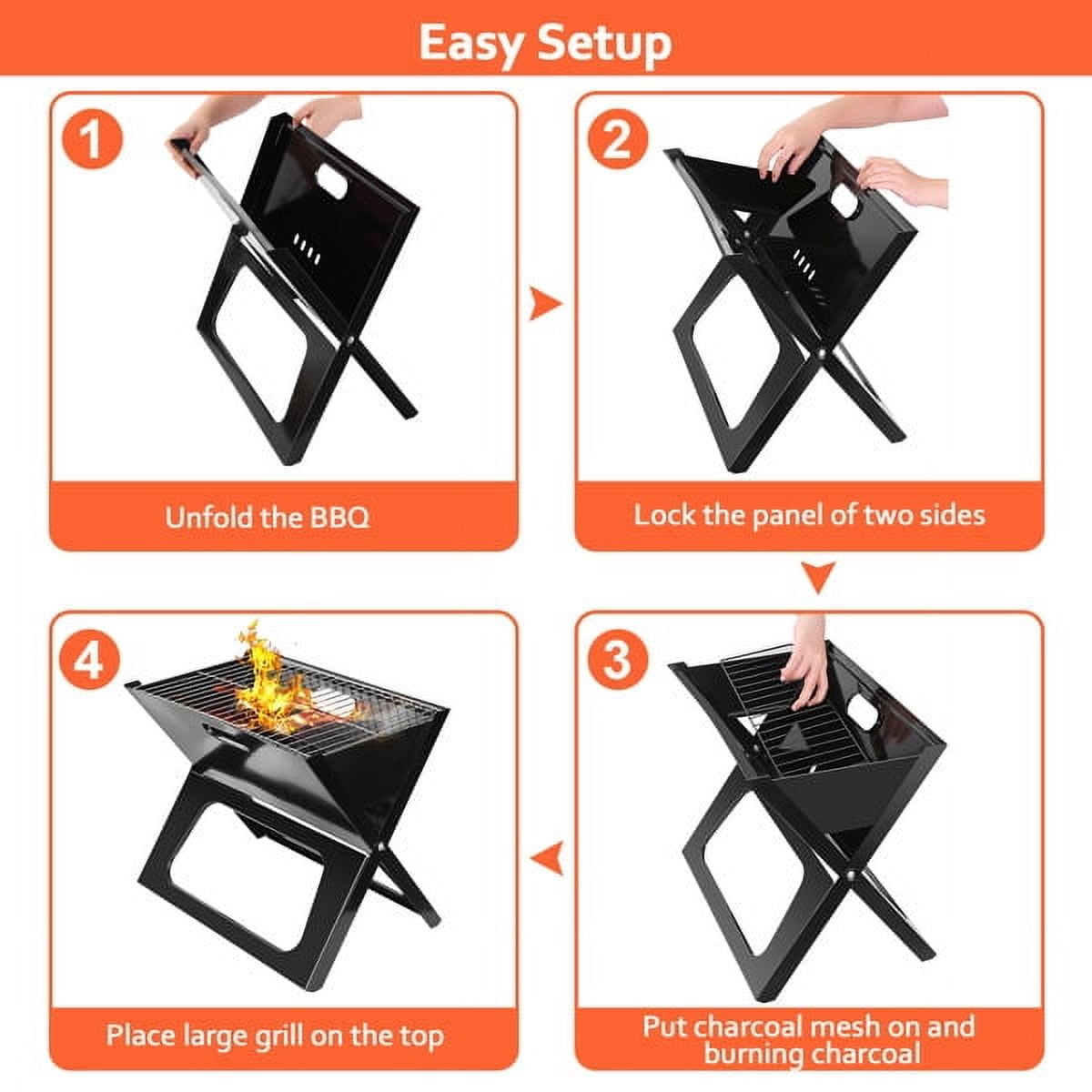 Portable Lightweight Foldable Charcoal Grill, 17"x10" Cooking Area, Durable Metal Iron for On-the-Go Grilling