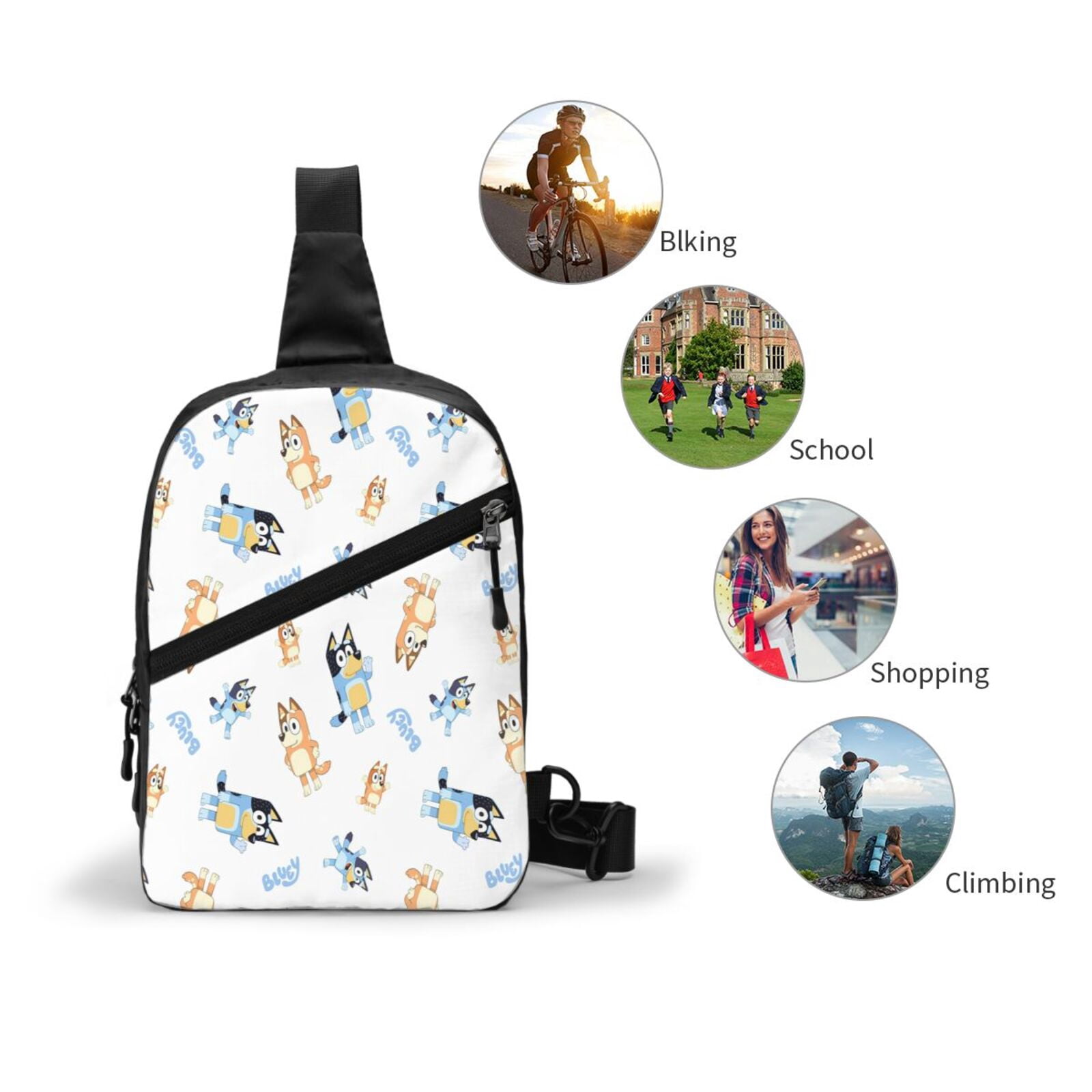 Kowoue Bluey Pattern Chest Pack Crossbody Bag - Portable and Lightweight Sling Bag for Travel, Hiking, Shopping with Adjustable Strap and Zipper Pockets